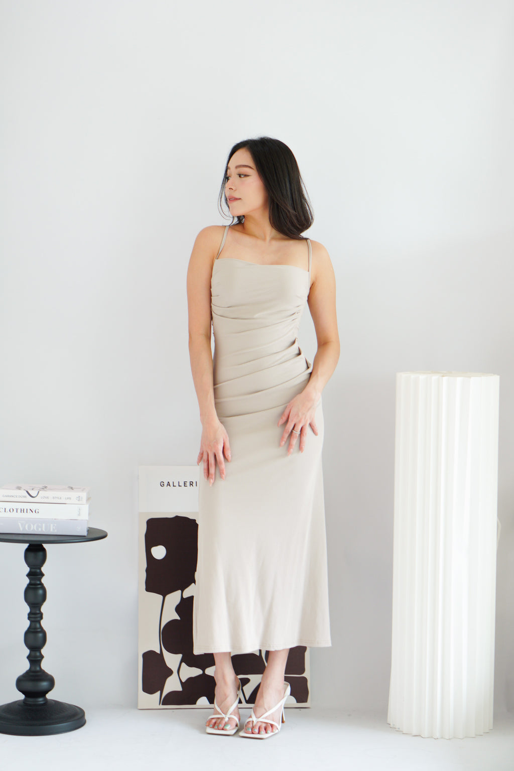 Melle Ruched Maxi Bodycon Fishtail Dress in Light Khaki