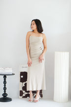 Melle Ruched Maxi Bodycon Fishtail Dress in Light Khaki