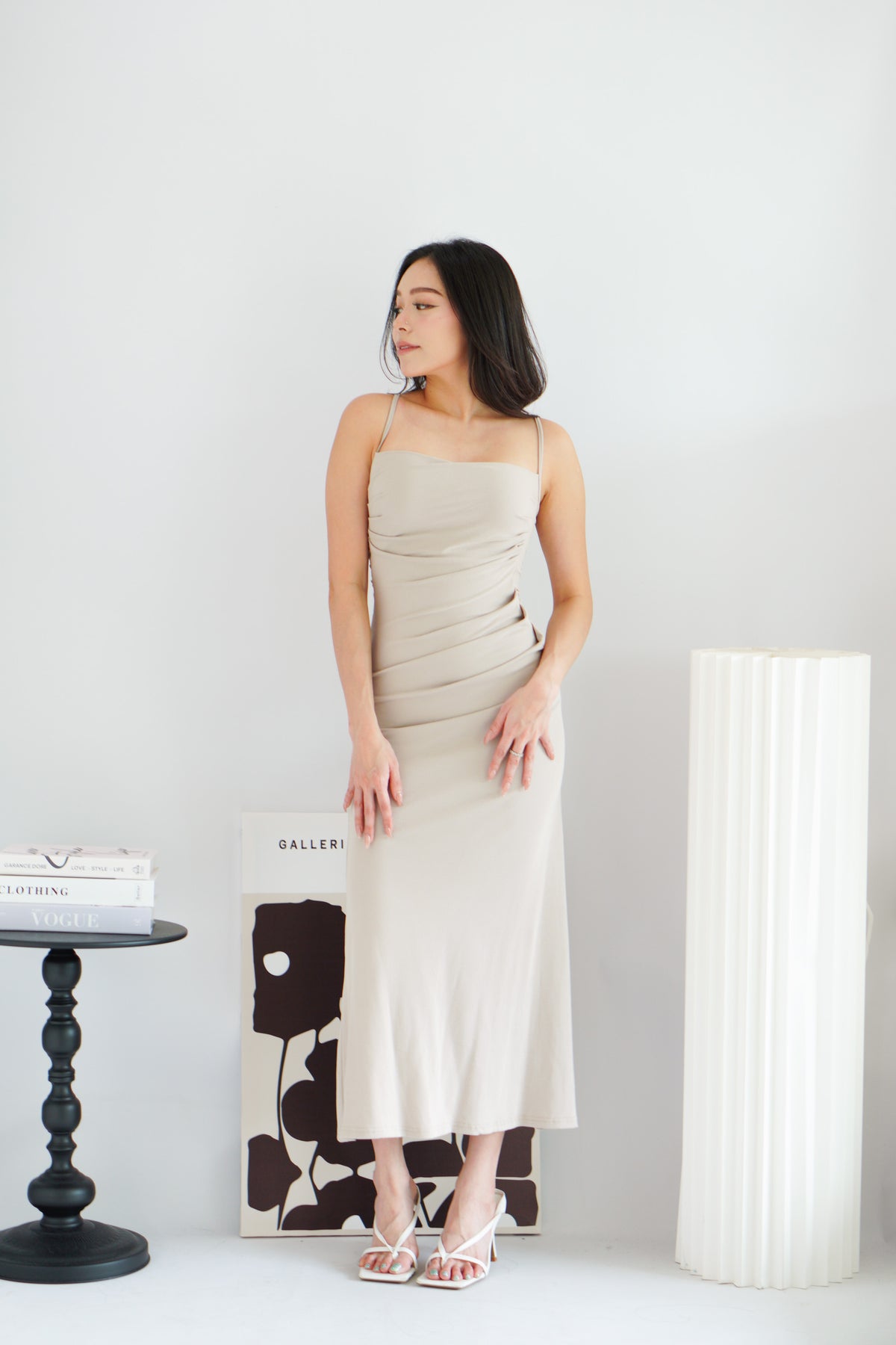 Melle Ruched Maxi Bodycon Fishtail Dress in Light Khaki