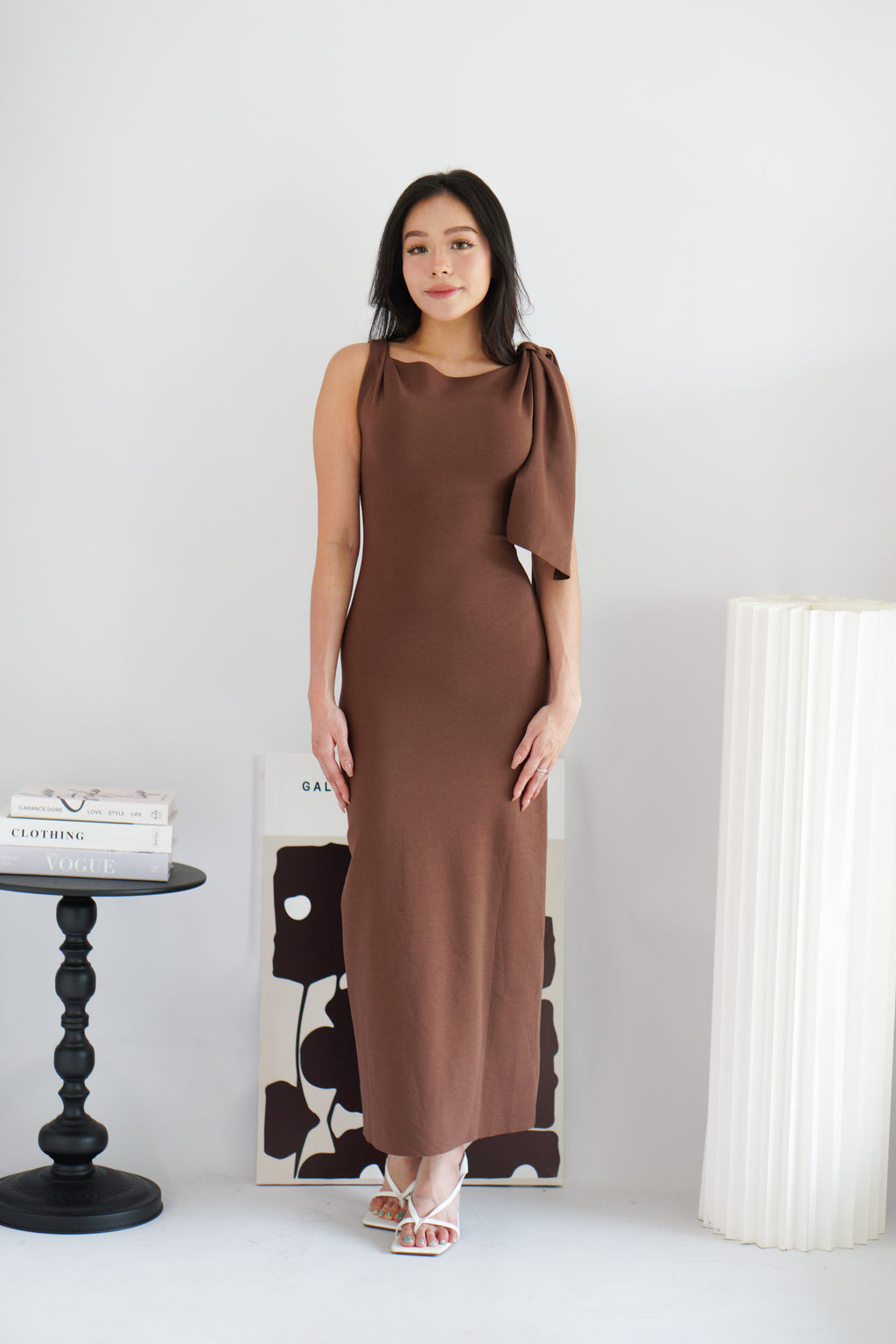 Lioraine Boat Neck Tie Maxi Bodycon Dress in Brown