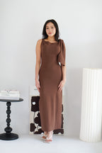 Lioraine Boat Neck Tie Maxi Bodycon Dress in Brown