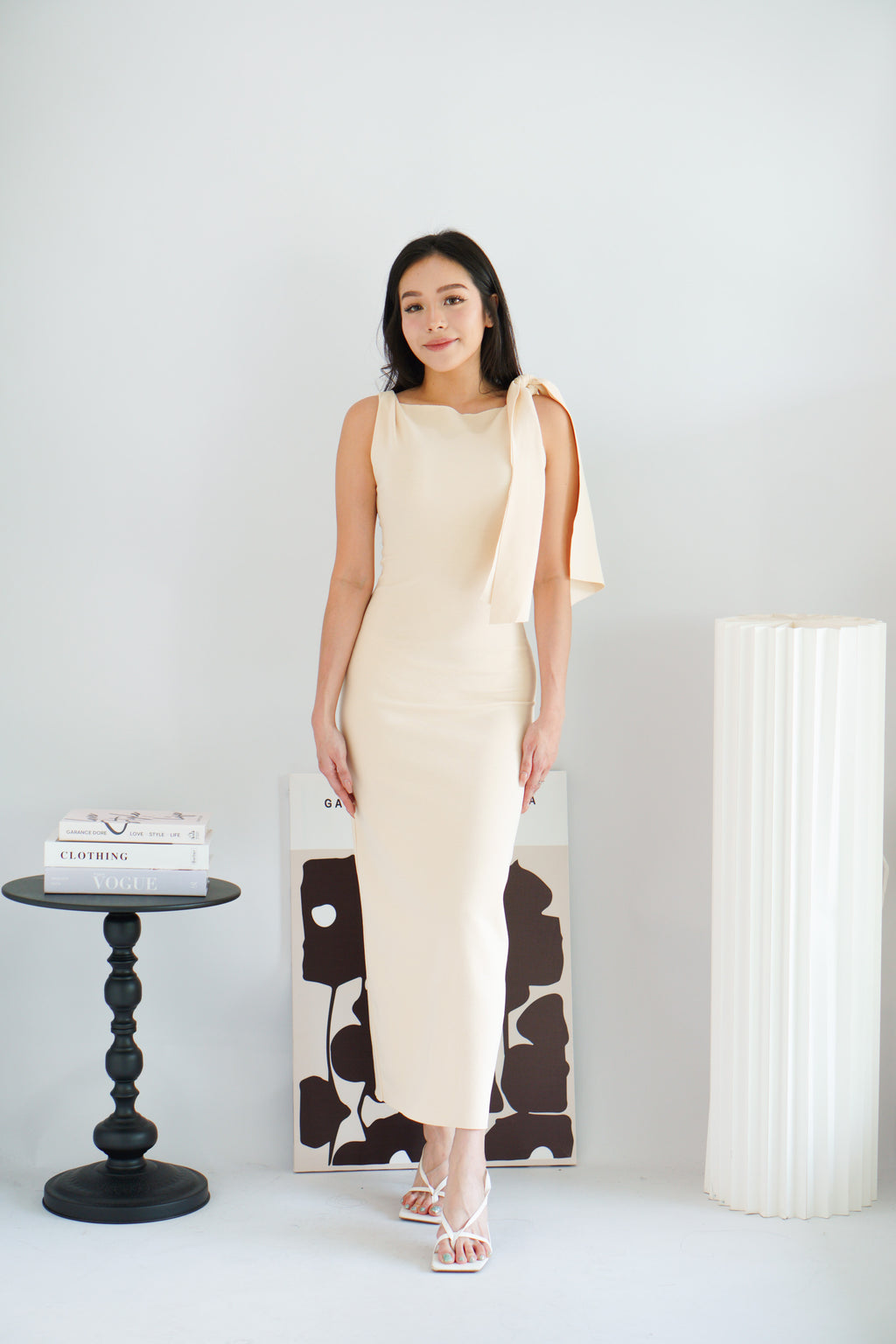Lioraine Boat Neck Tie Maxi Bodycon Dress in Beige