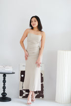 Melle Ruched Maxi Bodycon Fishtail Dress in Light Khaki