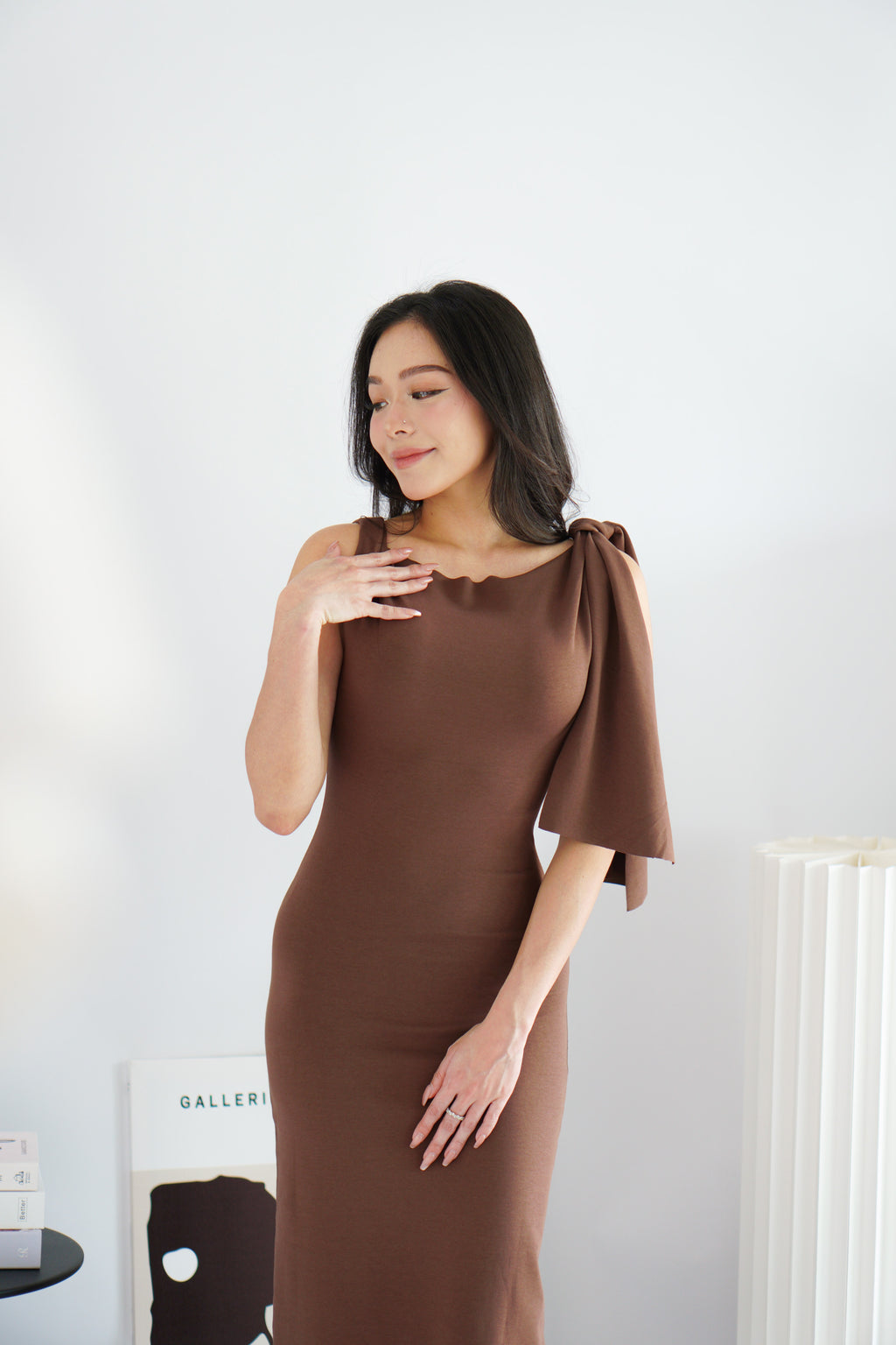 Lioraine Boat Neck Tie Maxi Bodycon Dress in Brown