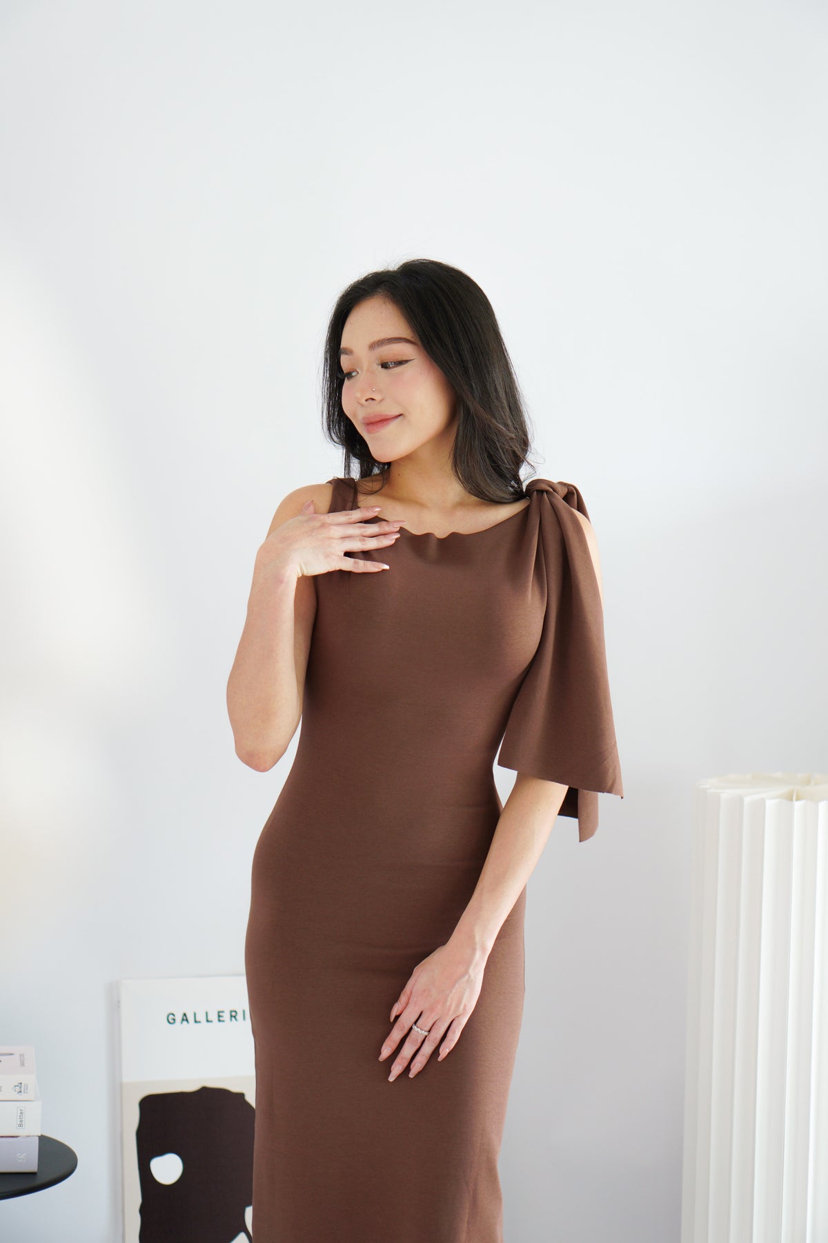Lioraine Boat Neck Tie Maxi Bodycon Dress in Brown