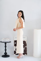 Lioraine Boat Neck Tie Maxi Bodycon Dress in Beige