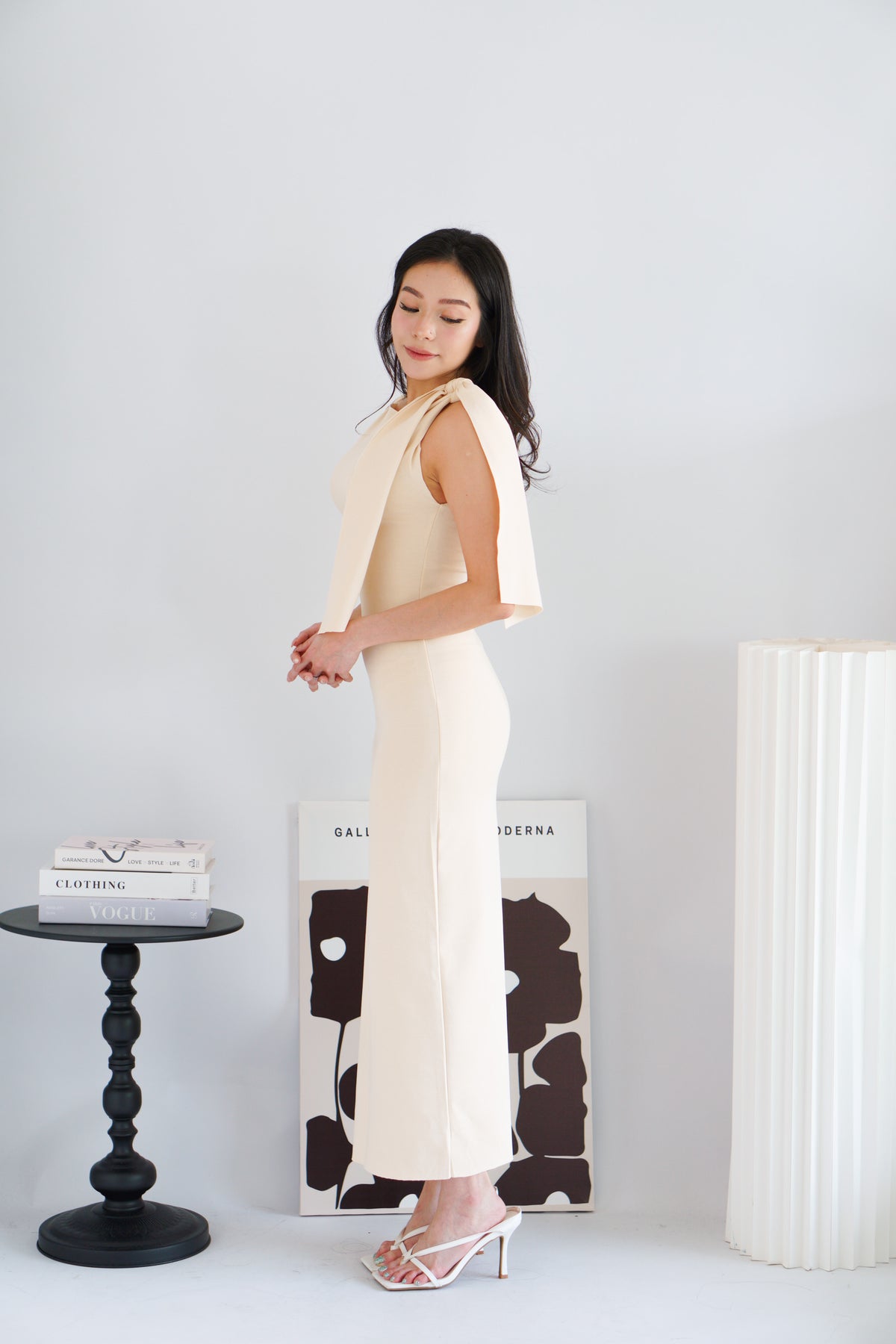 Lioraine Boat Neck Tie Maxi Bodycon Dress in Beige