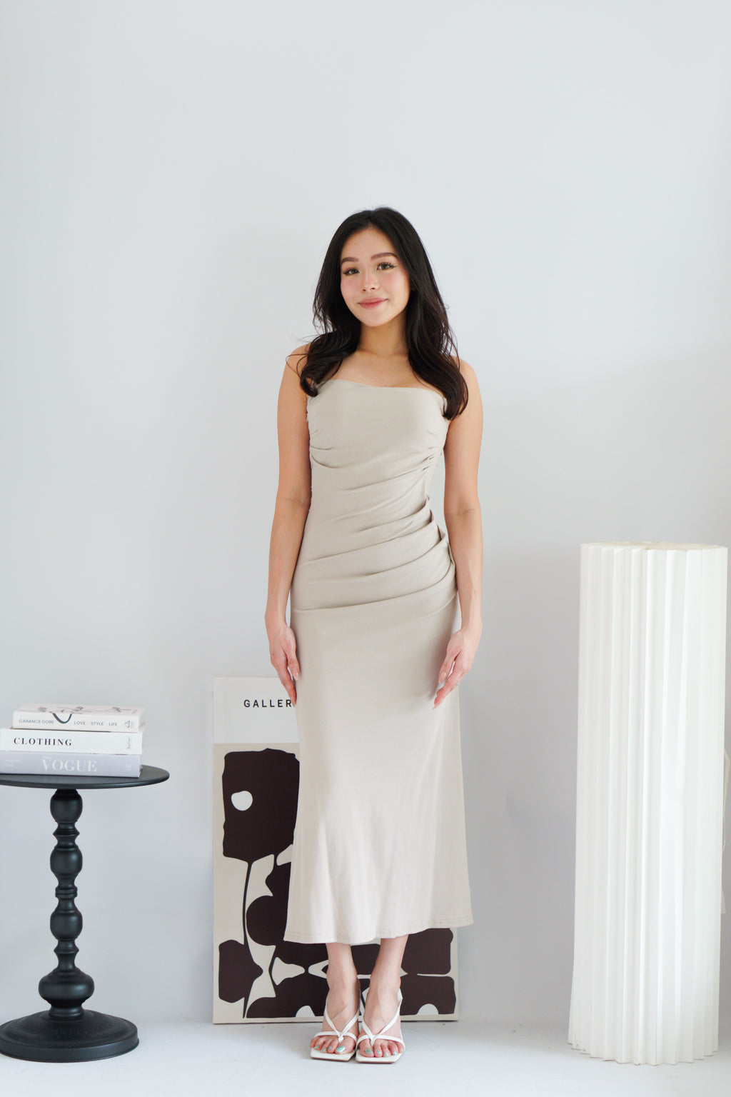 Melle Ruched Maxi Bodycon Fishtail Dress in Light Khaki