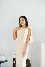 Lioraine Boat Neck Tie Maxi Bodycon Dress in Beige