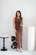 Lioraine Boat Neck Tie Maxi Bodycon Dress in Brown