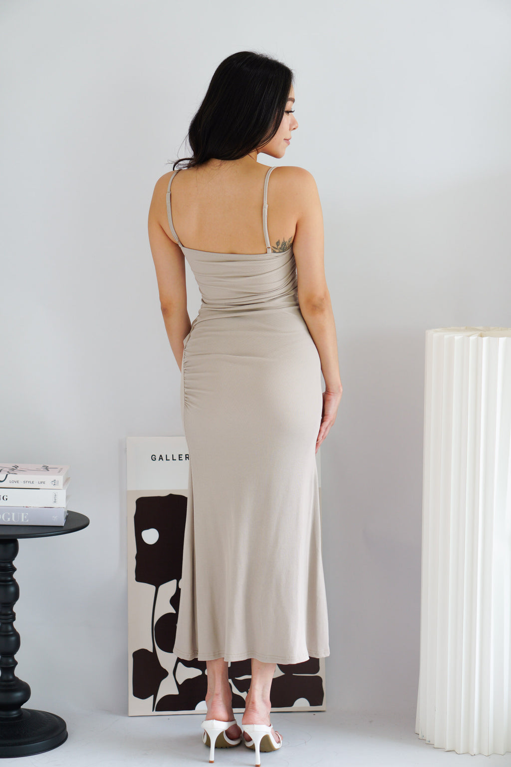 Melle Ruched Maxi Bodycon Fishtail Dress in Light Khaki