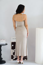 Melle Ruched Maxi Bodycon Fishtail Dress in Light Khaki