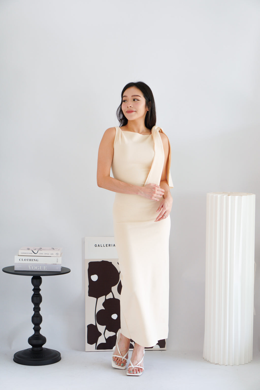 Lioraine Boat Neck Tie Maxi Bodycon Dress in Beige