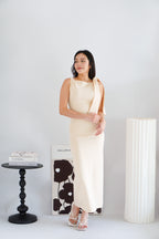 Lioraine Boat Neck Tie Maxi Bodycon Dress in Beige