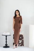 Lioraine Boat Neck Tie Maxi Bodycon Dress in Brown