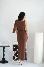 Lioraine Boat Neck Tie Maxi Bodycon Dress in Brown