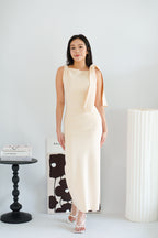 Lioraine Boat Neck Tie Maxi Bodycon Dress in Beige
