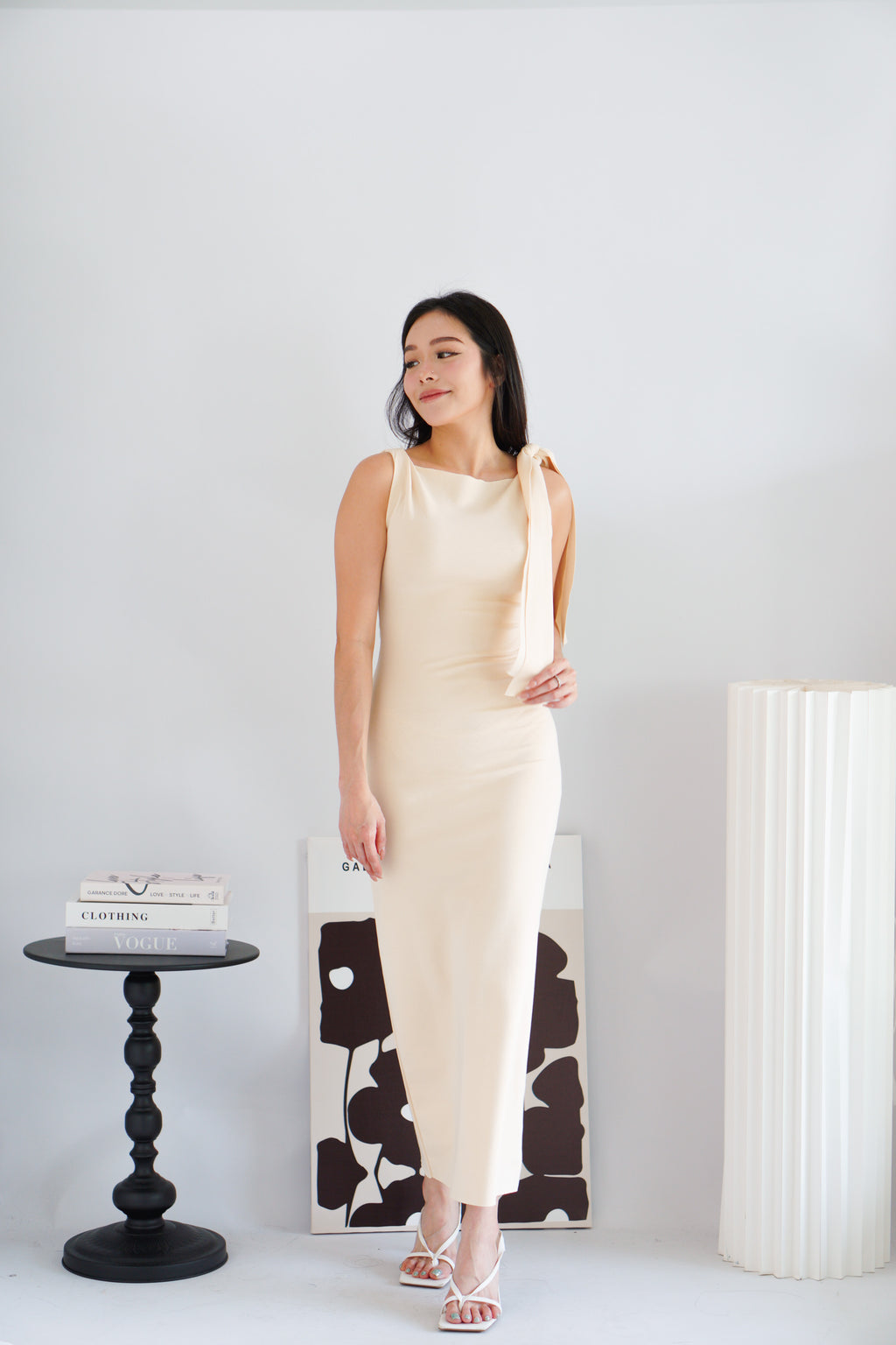 Lioraine Boat Neck Tie Maxi Bodycon Dress in Beige