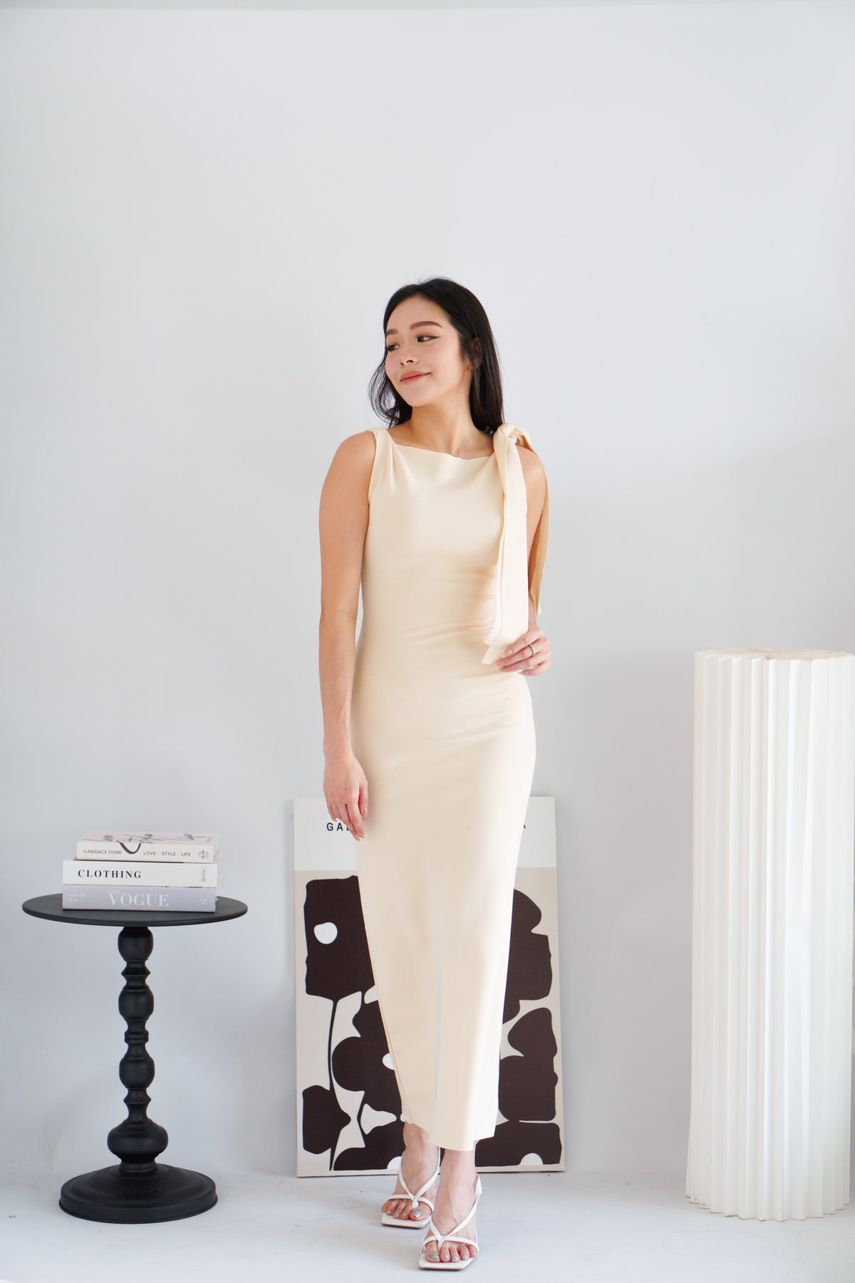 Lioraine Boat Neck Tie Maxi Bodycon Dress in Beige