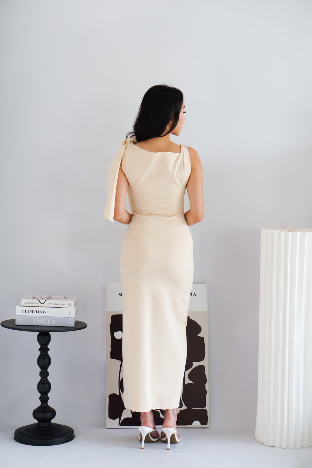 Lioraine Boat Neck Tie Maxi Bodycon Dress in Beige