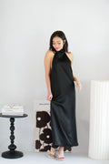 Zahara Halter Neck Backless Satin Dress in Black
