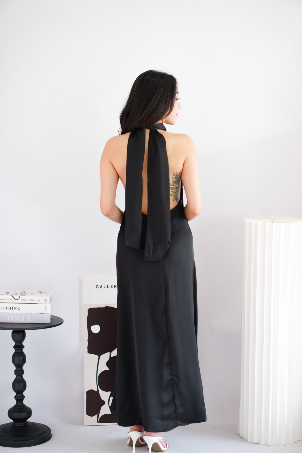 Zahara Halter Neck Backless Satin Dress in Black