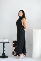 Zahara Halter Neck Backless Satin Dress in Black