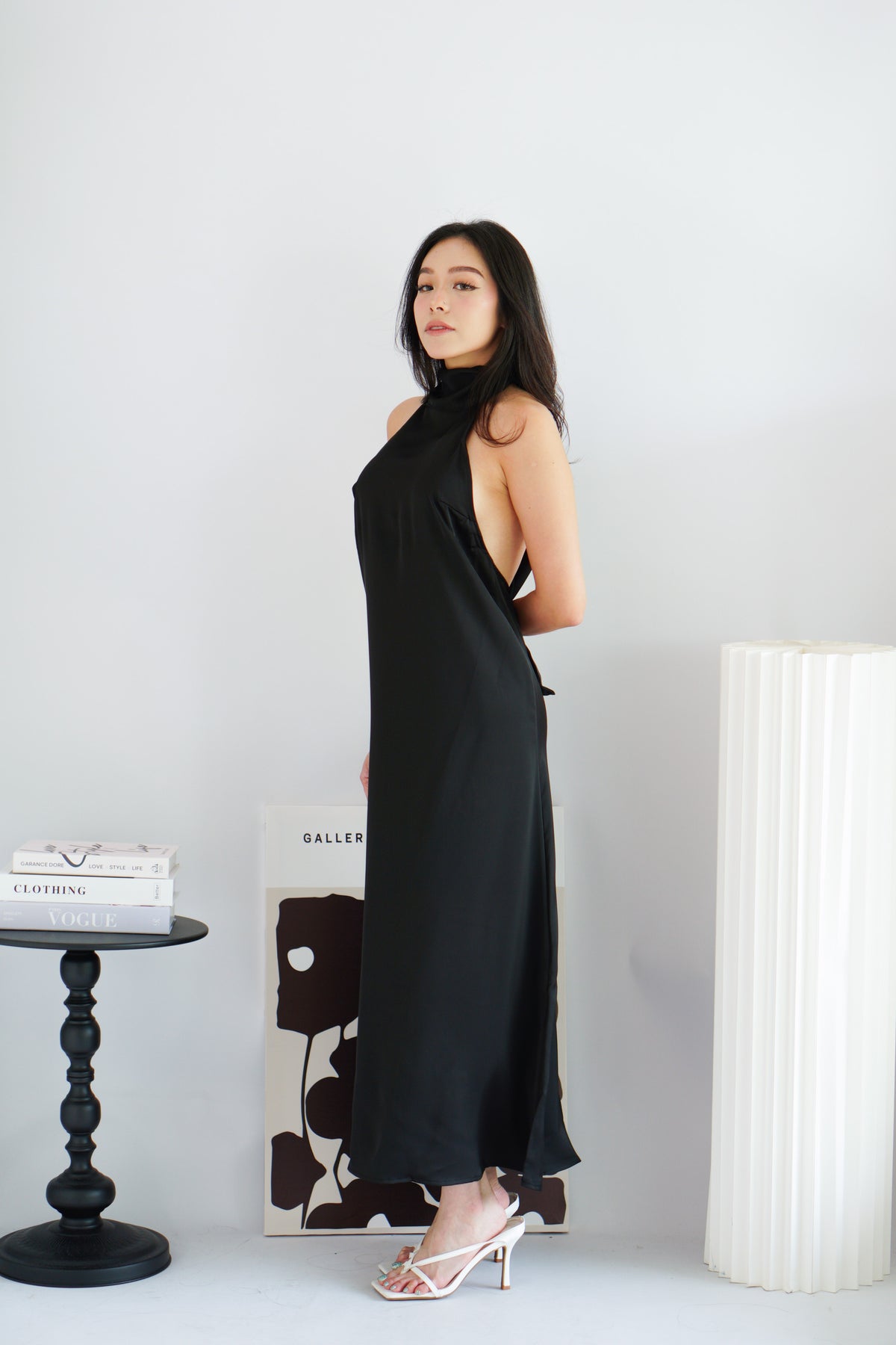 Zahara Halter Neck Backless Satin Dress in Black