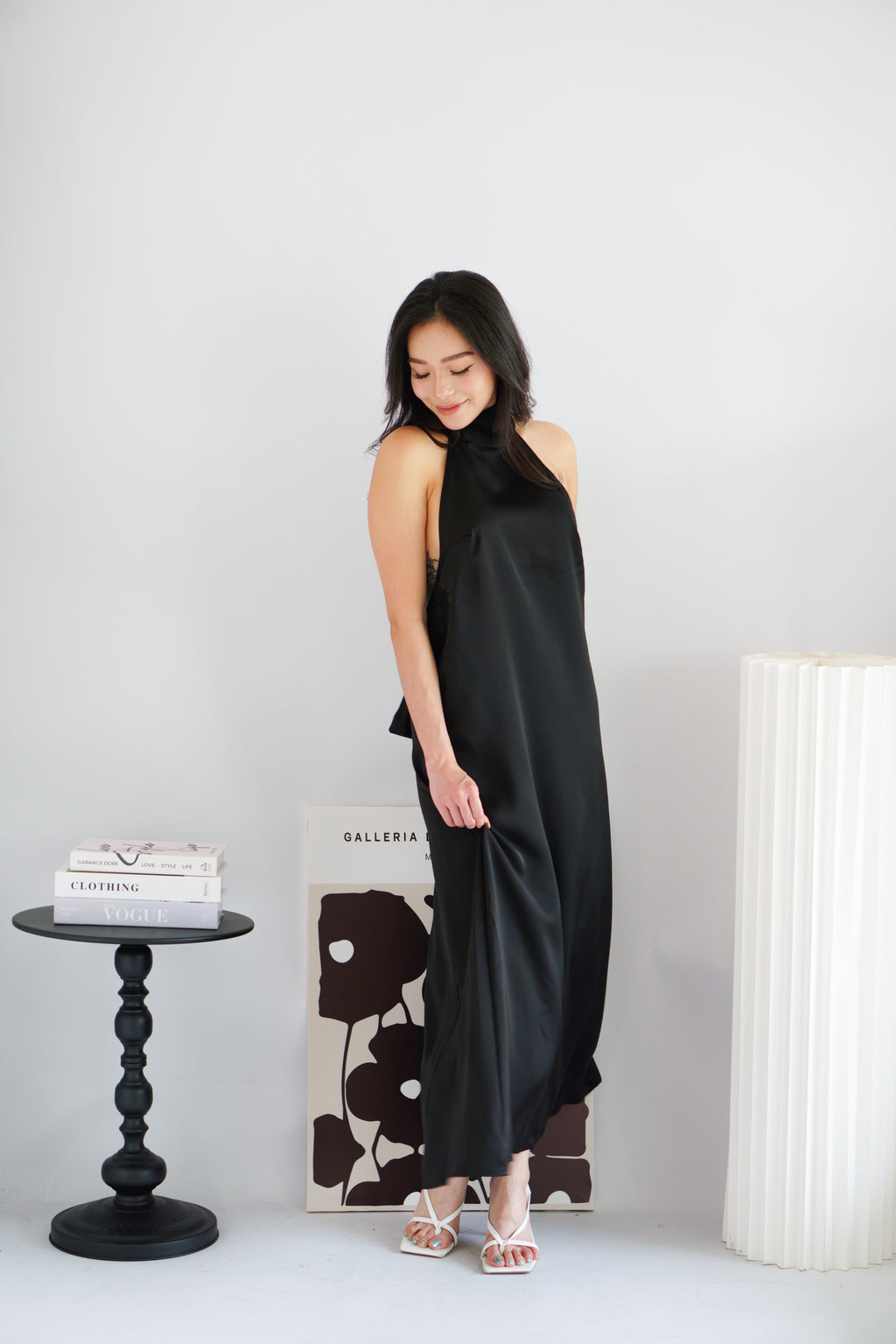 Zahara Halter Neck Backless Satin Dress in Black
