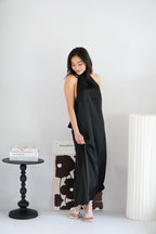 Zahara Halter Neck Backless Satin Dress in Black
