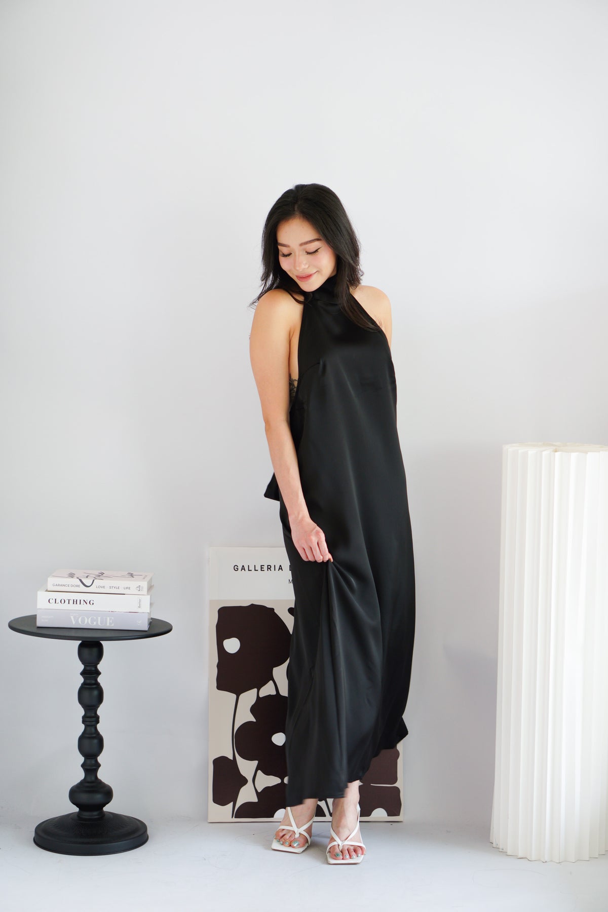 Zahara Halter Neck Backless Satin Dress in Black