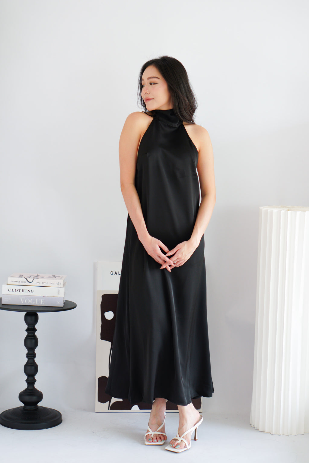 Zahara Halter Neck Backless Satin Dress in Black