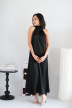 Zahara Halter Neck Backless Satin Dress in Black