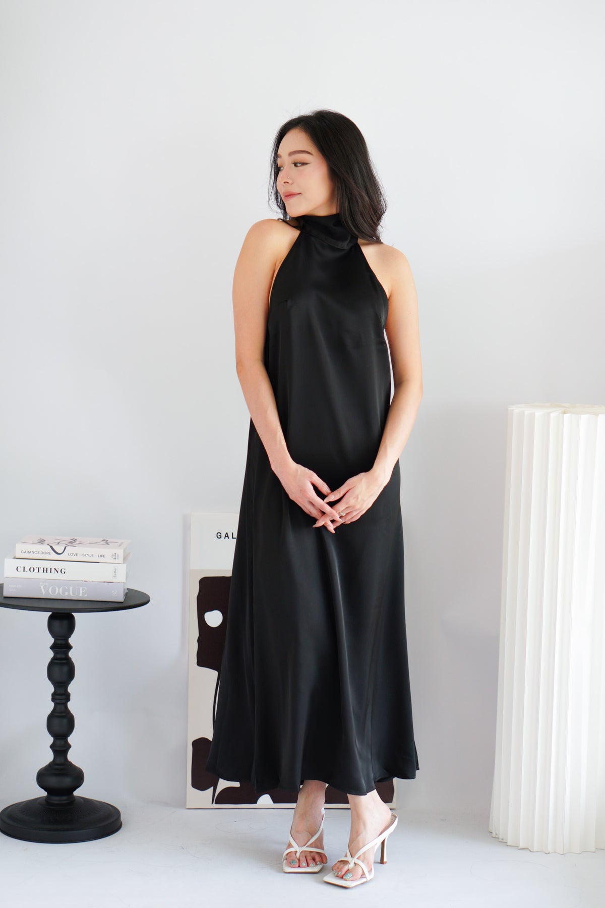 Zahara Halter Neck Backless Satin Dress in Black