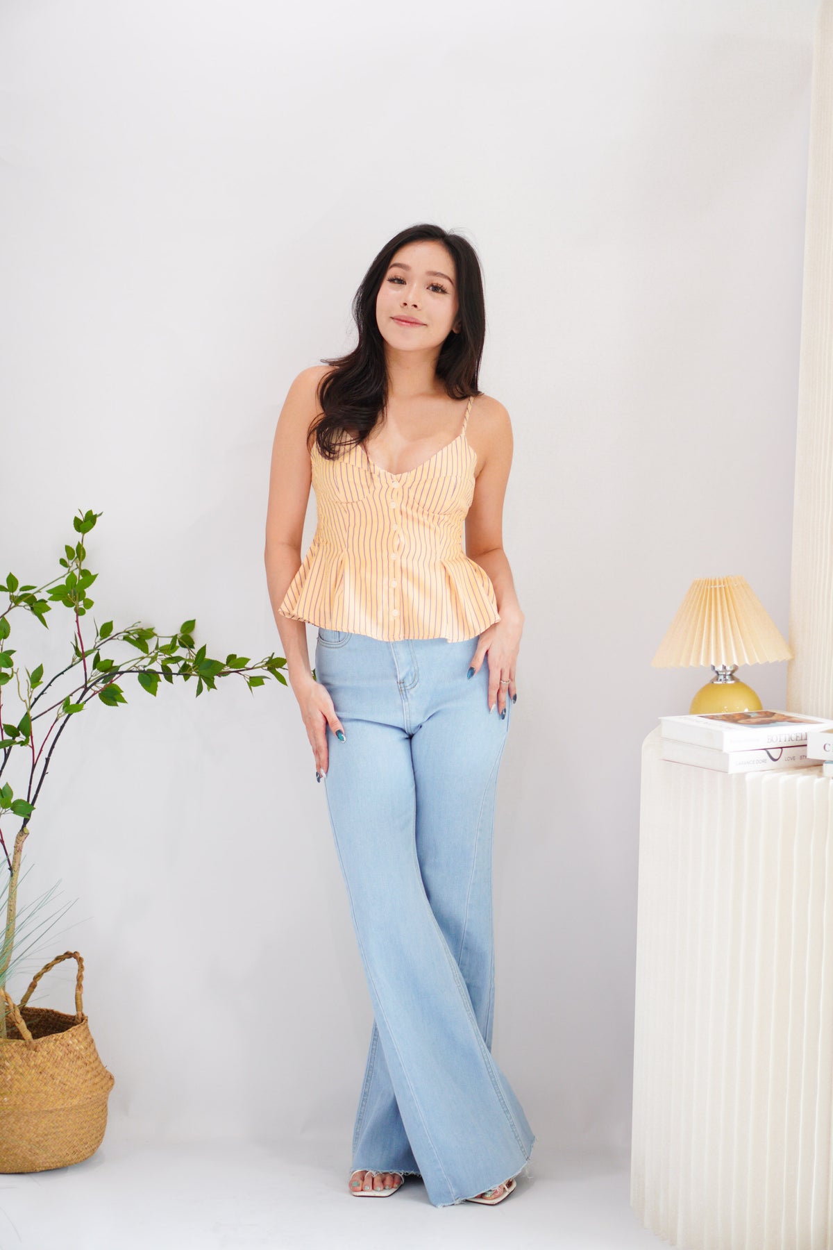 Olia Peplum Pleated Top in Yellow Stripes