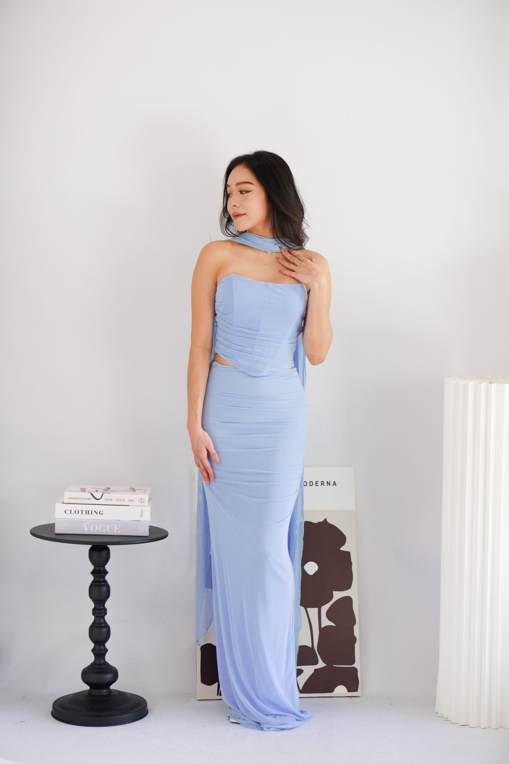 Roselune Corset 2 Piece Skirt Set with Sash in Blue