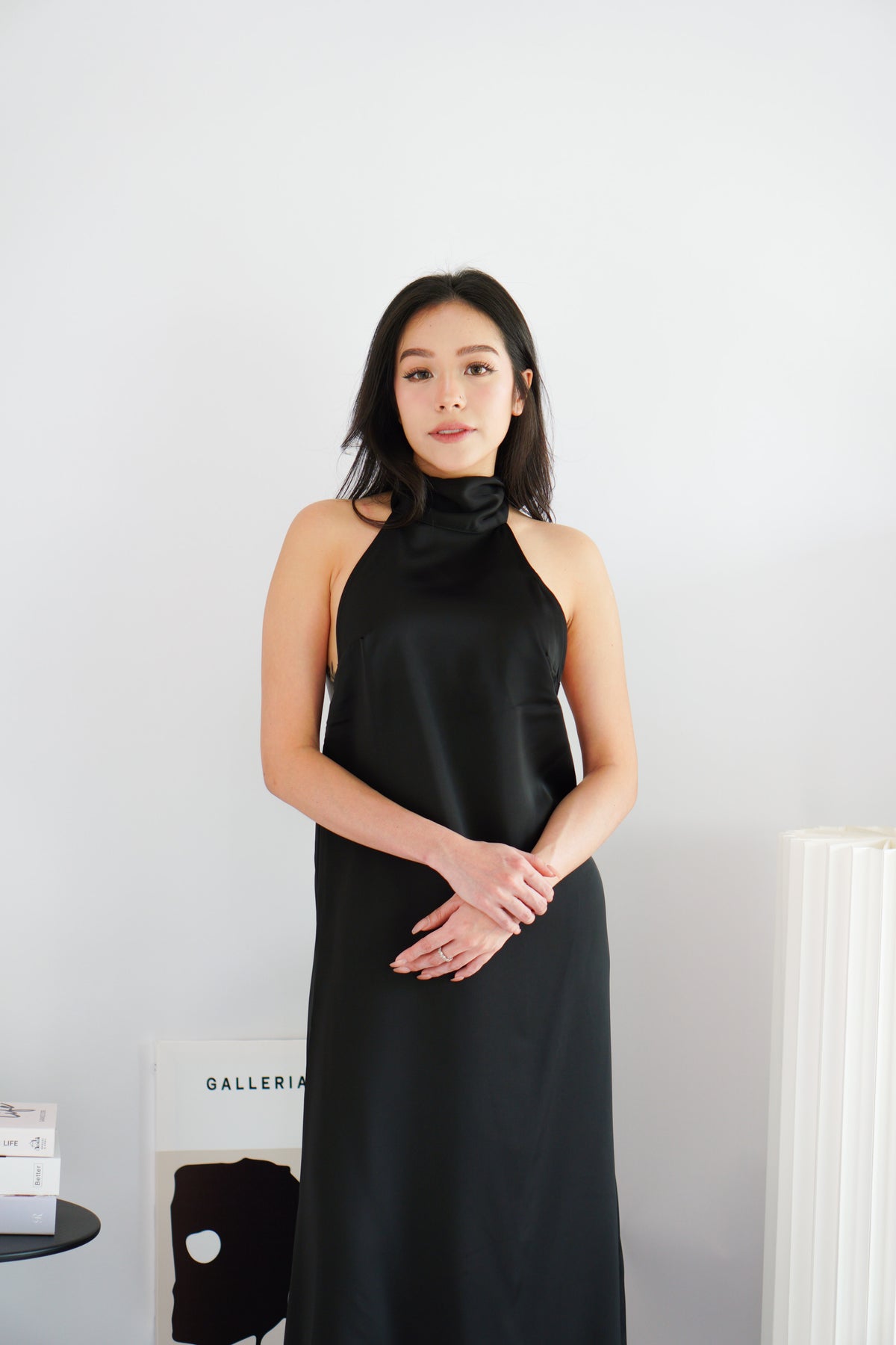 Zahara Halter Neck Backless Satin Dress in Black