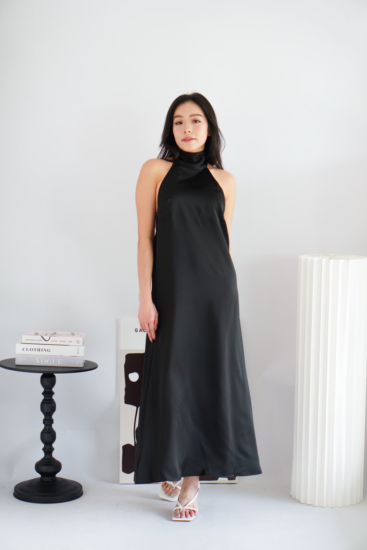 Zahara Halter Neck Backless Satin Dress in Black