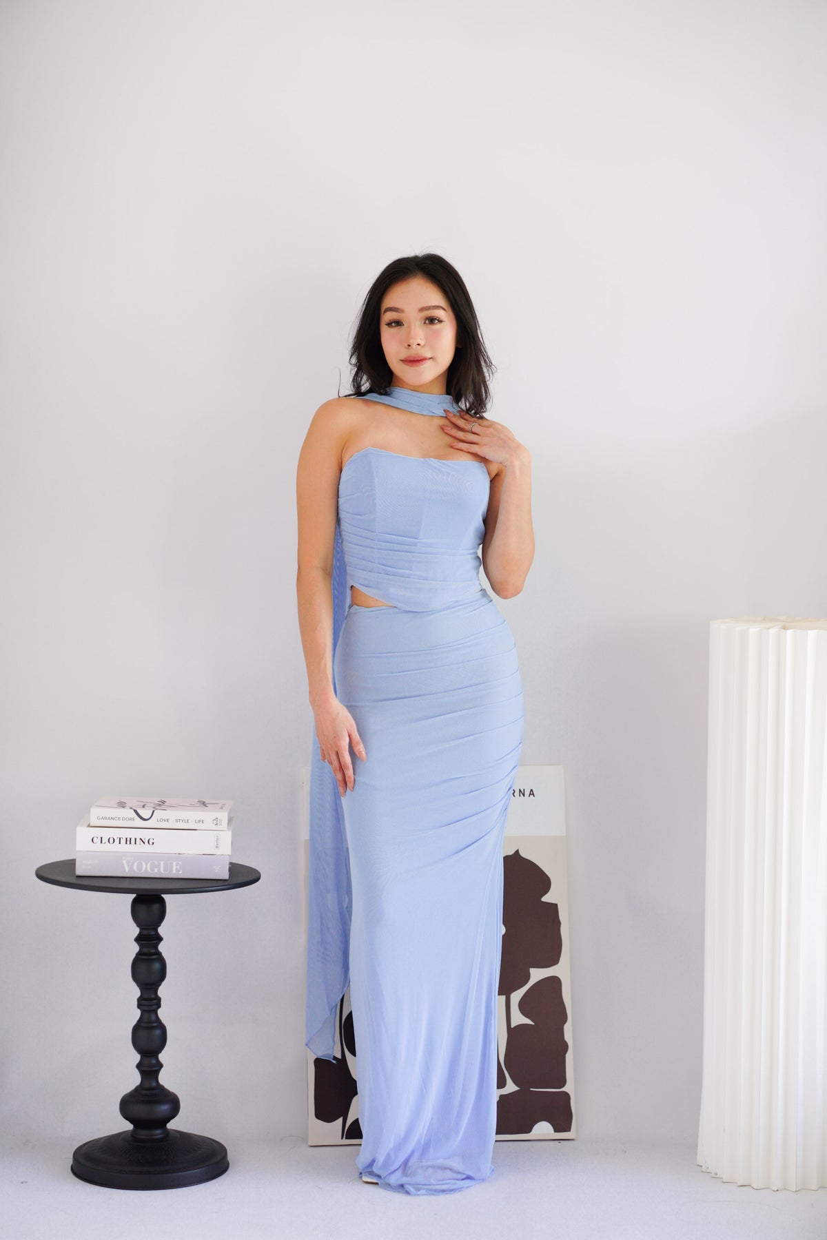 Roselune Corset 2 Piece Skirt Set with Sash in Blue