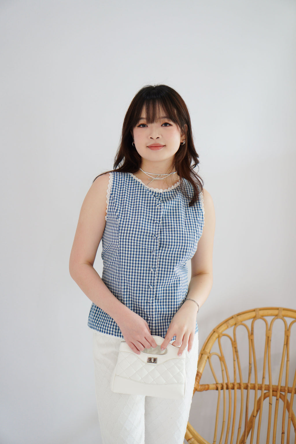 Marlianne Gingham Sleeveless Button Down Top in Blue