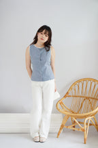 Marlianne Gingham Sleeveless Button Down Top in Blue