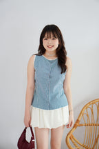 Marlianne Gingham Sleeveless Button Down Top in Blue