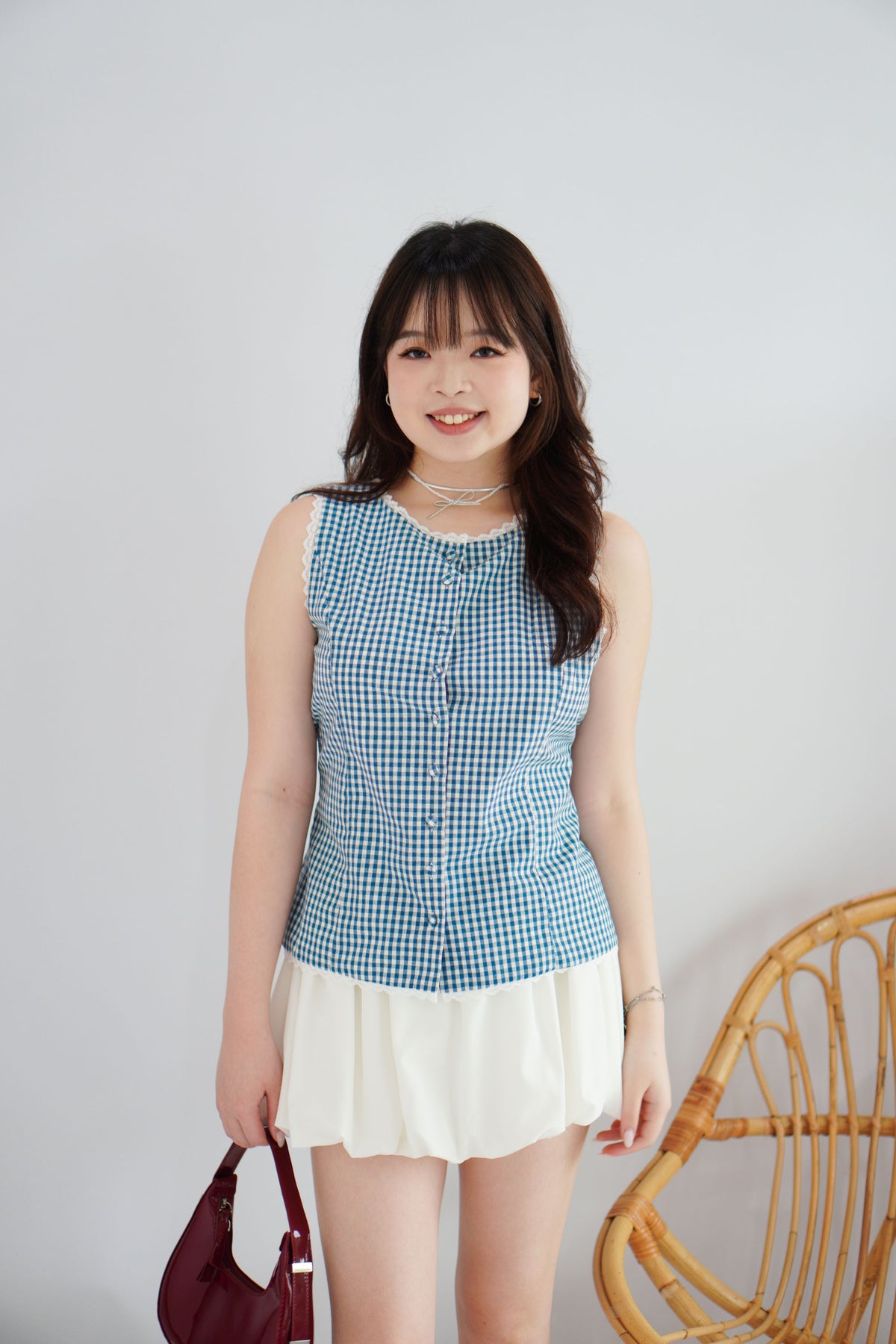 Marlianne Gingham Sleeveless Button Down Top in Blue