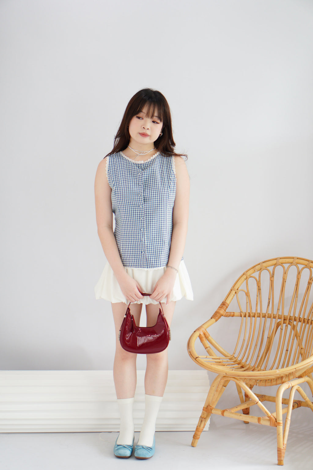 Marlianne Gingham Sleeveless Button Down Top in Blue