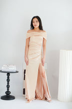 Zora Satin Off Shoulder Ruched Maxi Dress in Champagne