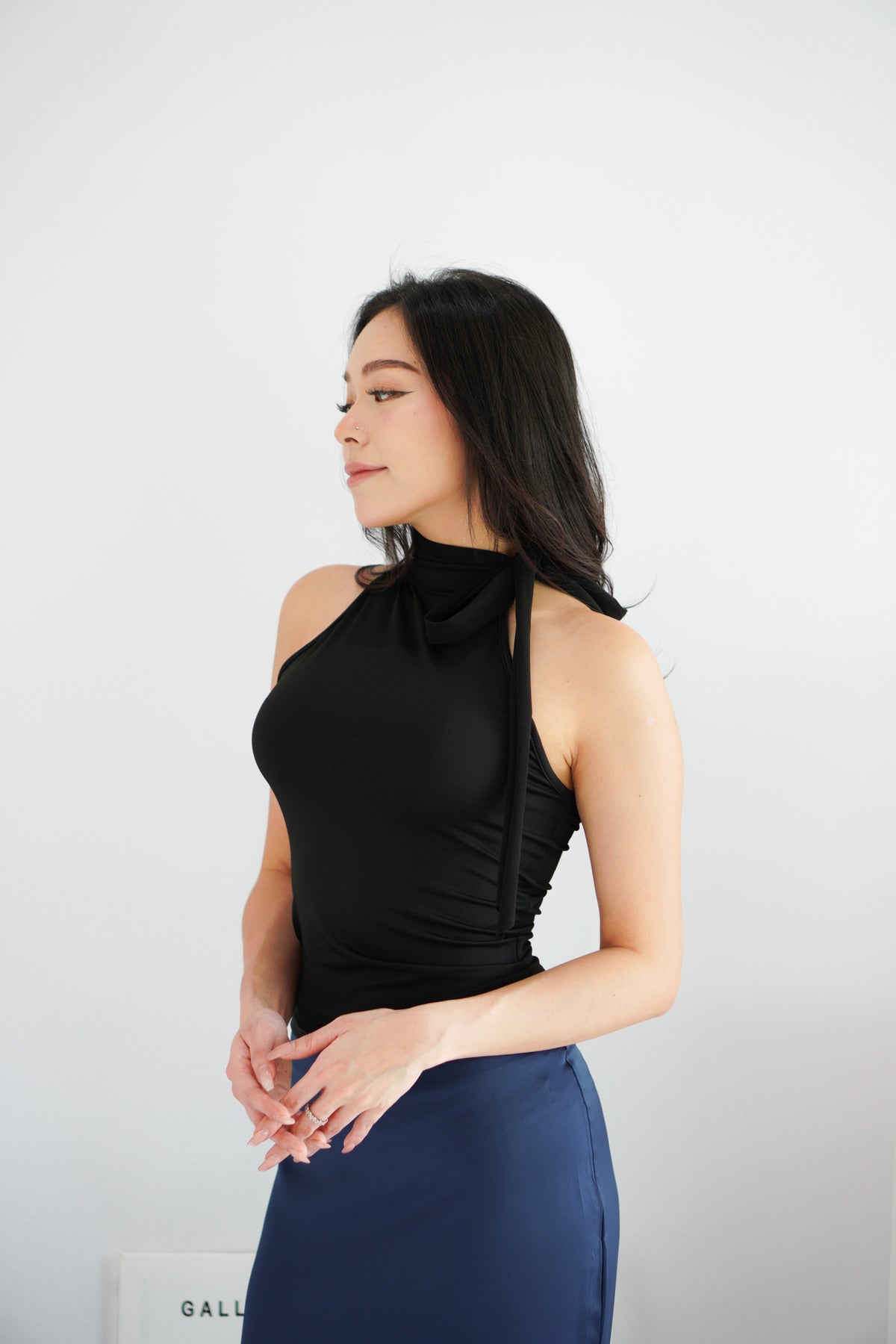 Elina High Neck Tie Top in Black