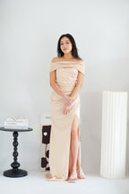 Zora Satin Off Shoulder Ruched Maxi Dress in Champagne
