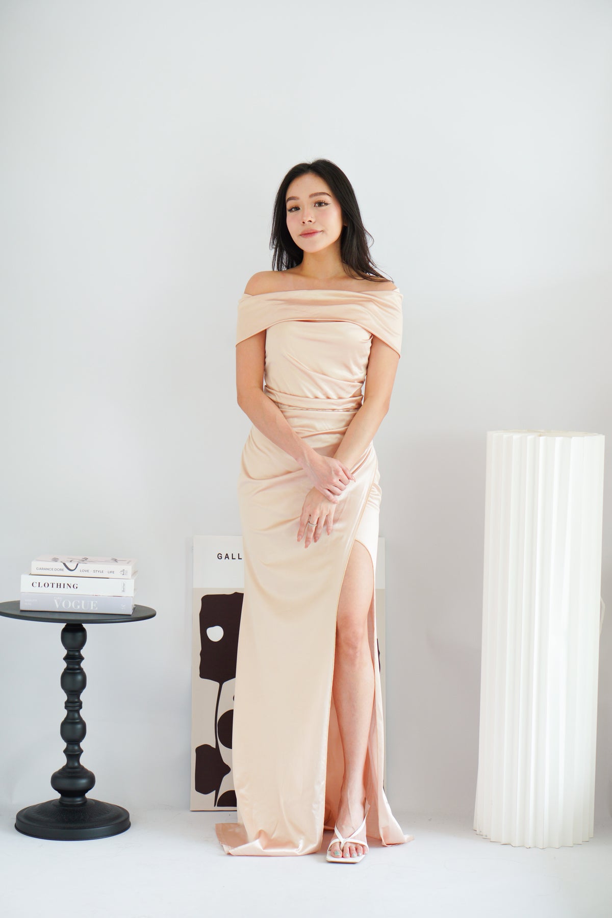 Zora Satin Off Shoulder Ruched Maxi Dress in Champagne