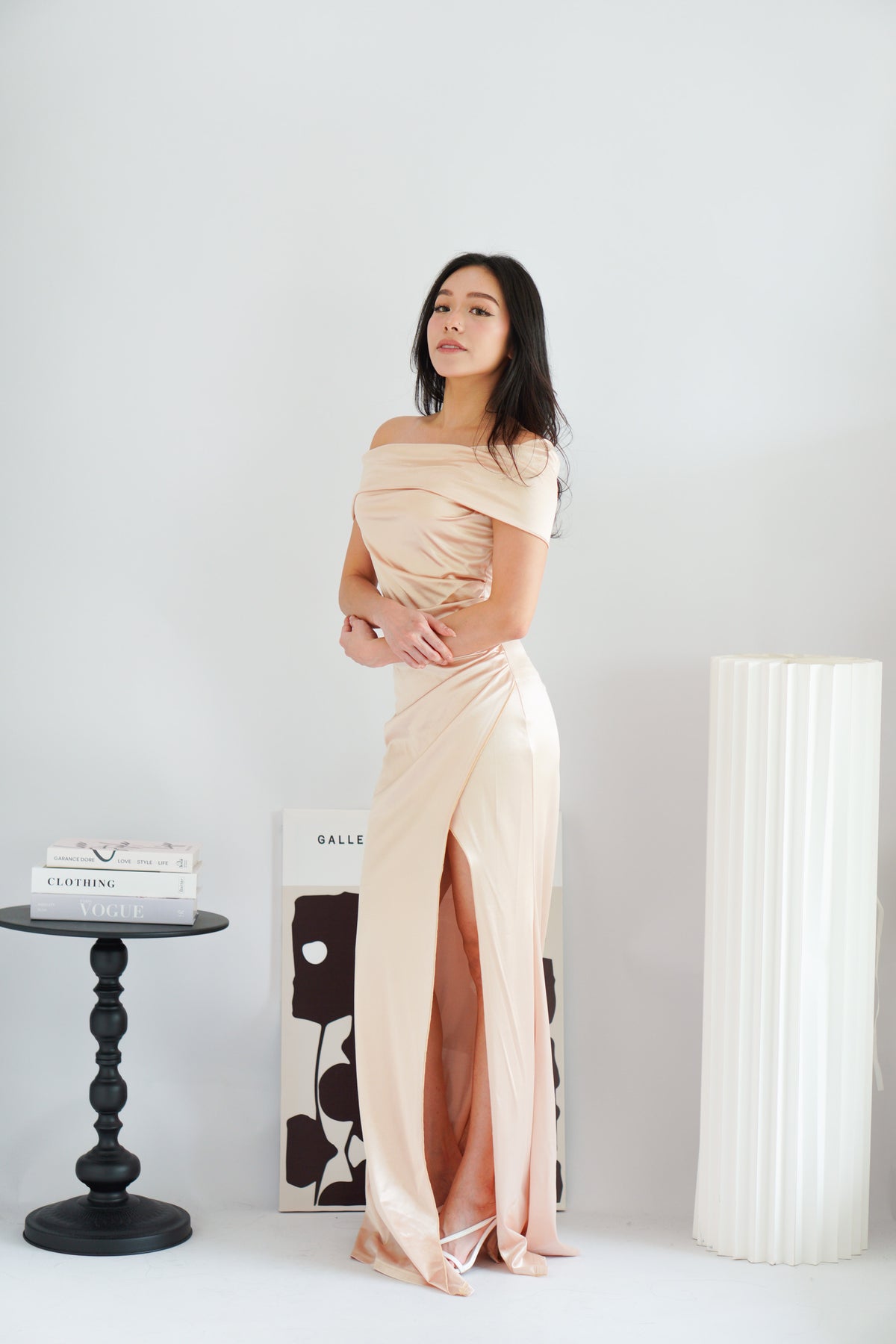 Zora Satin Off Shoulder Ruched Maxi Dress in Champagne