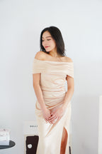 Zora Satin Off Shoulder Ruched Maxi Dress in Champagne